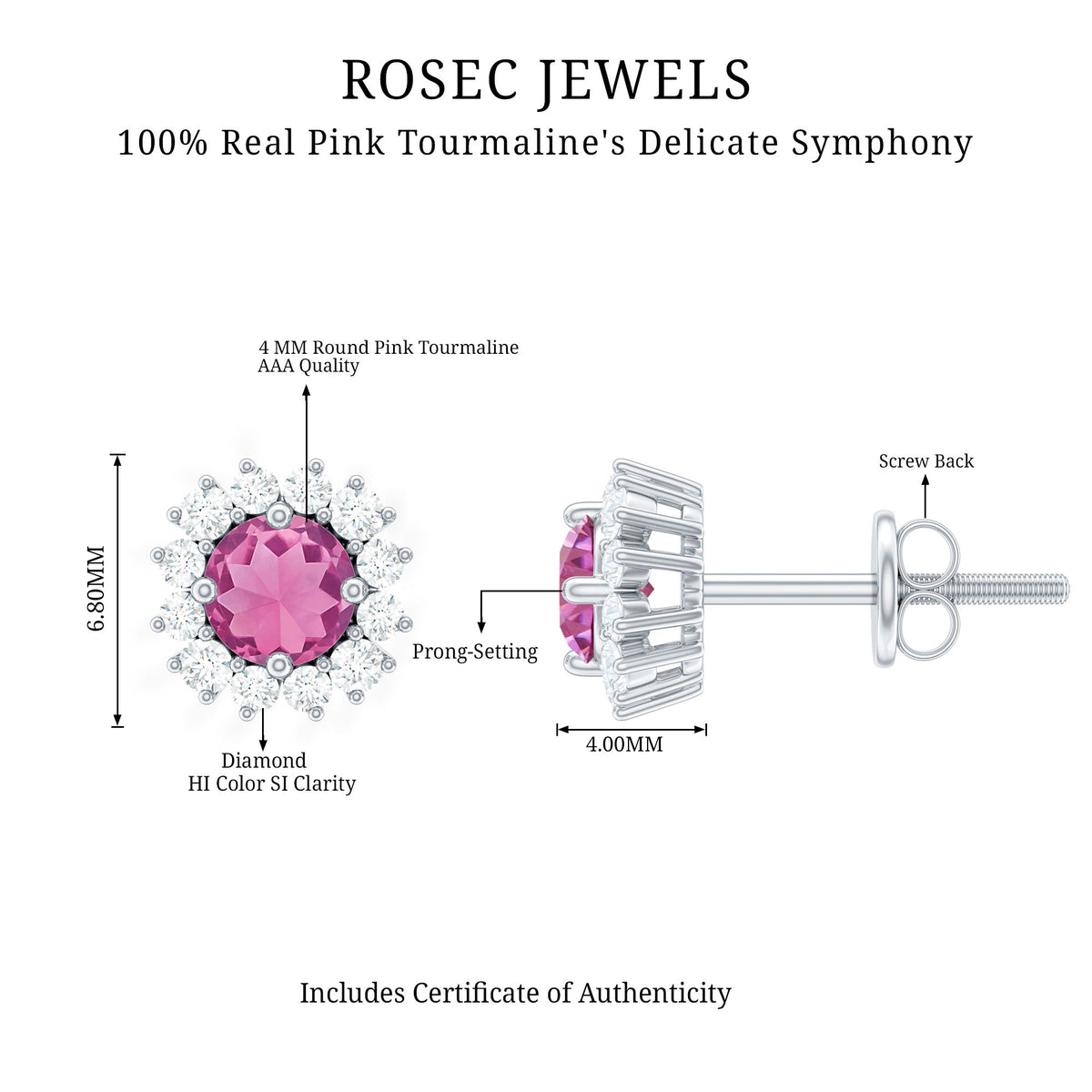 Natural pink tourmaline stud earrings with diamond halo, showcasing elegant jewelry design by Rosec Jewels.