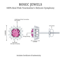 Natural pink tourmaline stud earrings with diamond halo, showcasing elegant jewelry design by Rosec Jewels.