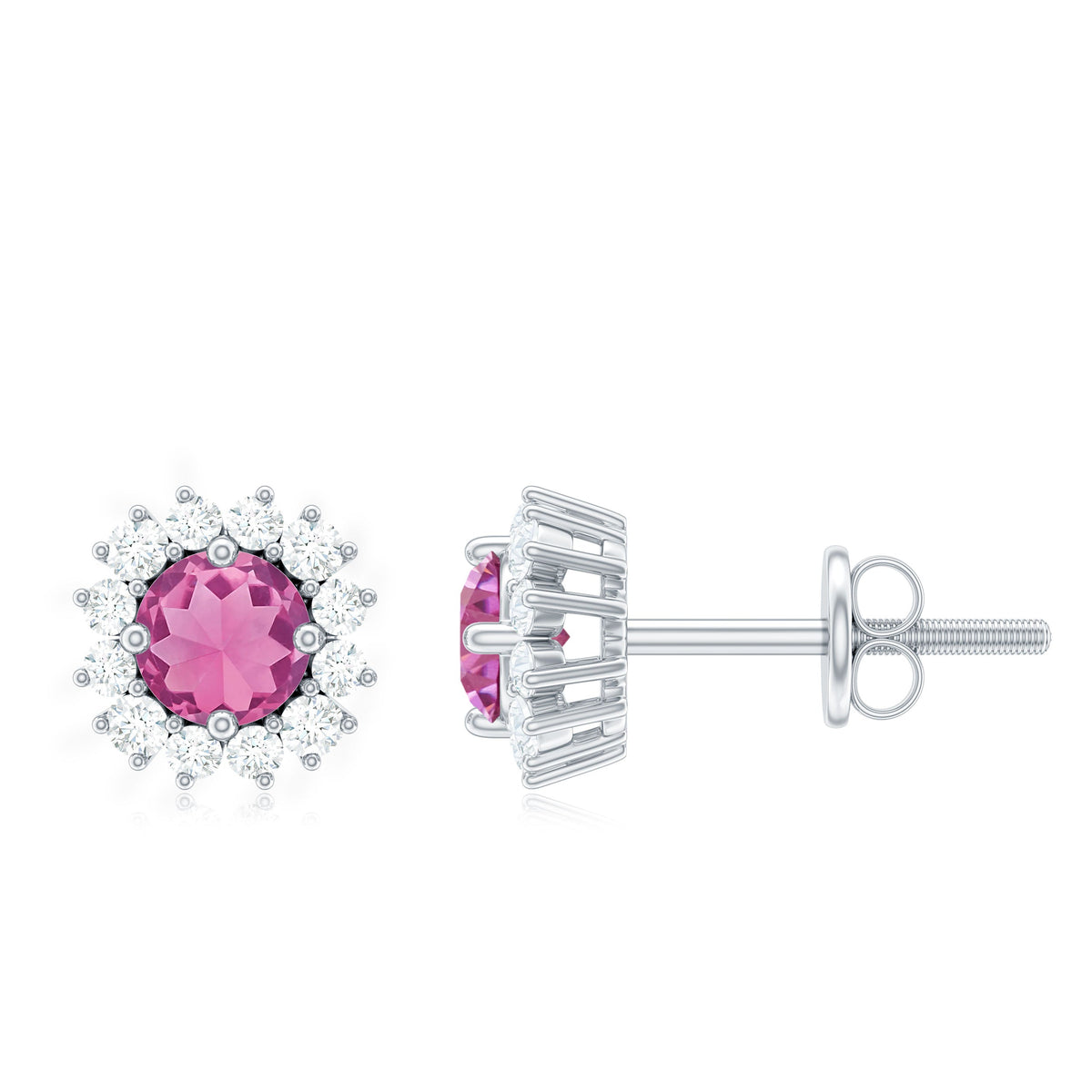 Natural pink tourmaline stud earrings with diamond halo by Rosec Jewels, showcasing sparkling pink stones and elegant design.