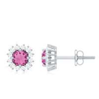 Natural pink tourmaline stud earrings with diamond halo by Rosec Jewels, showcasing sparkling pink stones and elegant design.