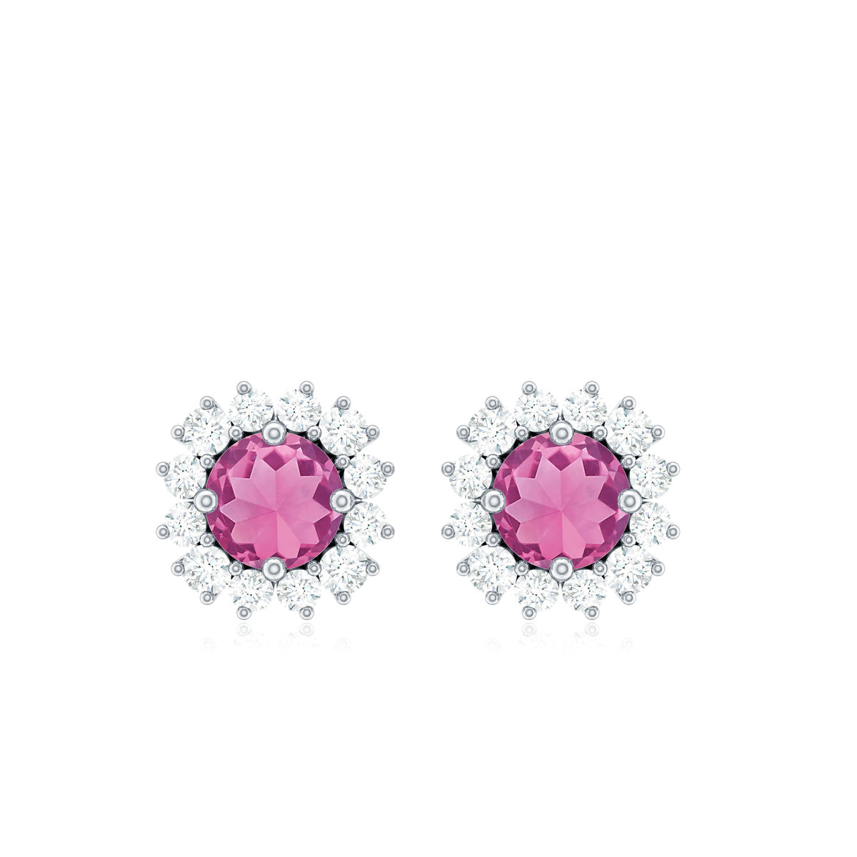 Natural pink tourmaline stud earrings with diamond halo, showcasing elegant jewelry design from Rosec Jewels.