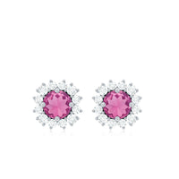 Natural pink tourmaline stud earrings with diamond halo, showcasing elegant jewelry design from Rosec Jewels.
