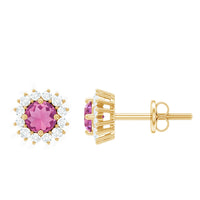 Natural pink tourmaline stud earrings with diamond halo, showcasing elegant jewelry design by Rosec Jewels.