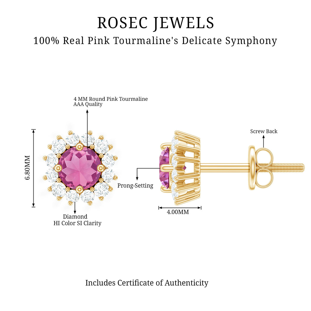 Natural pink tourmaline stud earrings with diamond halo by Rosec Jewels, showcasing sparkling pink gemstones and elegant design
