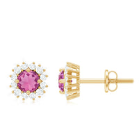 Natural pink tourmaline stud earrings with diamond halo from Rosec Jewels, showcasing elegant gemstone and sparkling diamond accents.