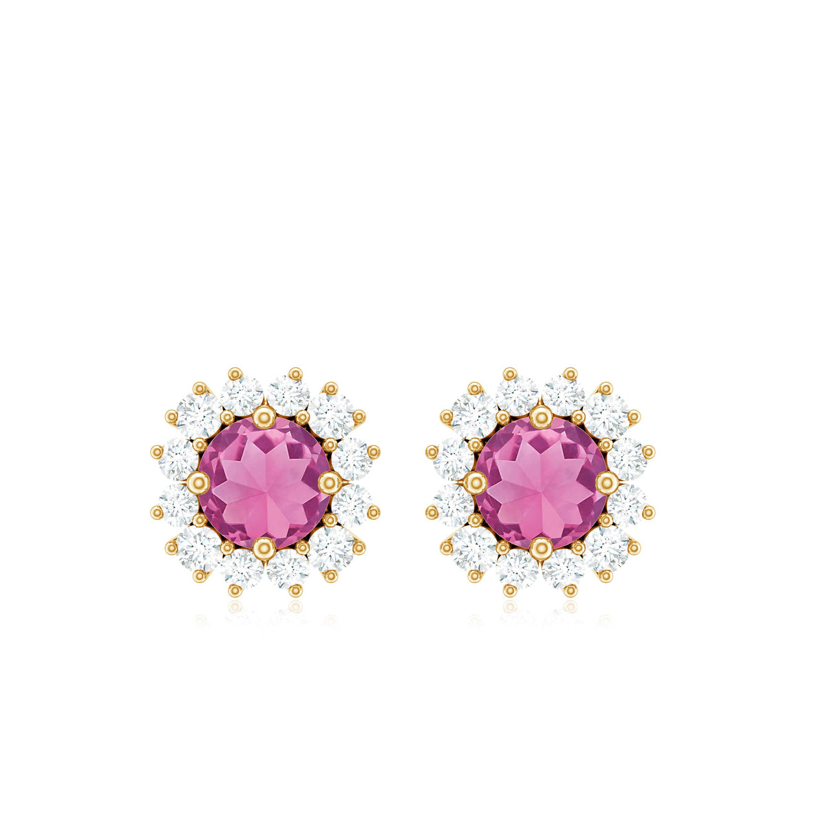 Natural pink tourmaline stud earrings with diamond halo from Rosec Jewels, featuring sparkling pink gemstones and a delicate setting.