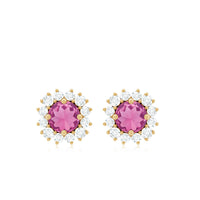 Natural pink tourmaline stud earrings with diamond halo from Rosec Jewels, featuring sparkling pink gemstones and a delicate setting.
