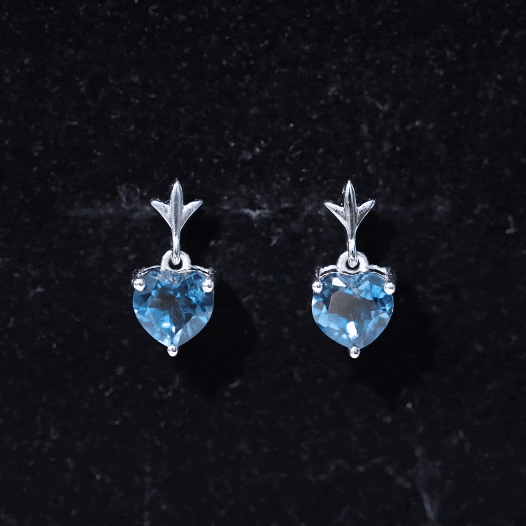 Yellow gold London Blue Topaz heart drop earrings for women by Rosec Jewels, featuring sparkling 4-carat gemstone drops.