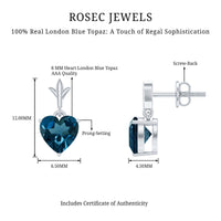 Rosec Jewels 4 Carat London Blue Topaz heart drop earrings for women, featuring sparkling blue gemstone dangles.