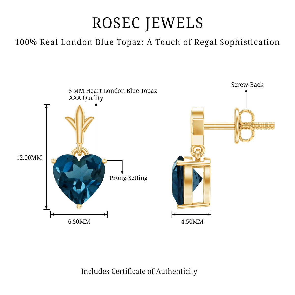 Rosec Jewels 4 Carat London Blue Topaz heart drop earrings for women featuring vibrant blue gemstones and elegant design.