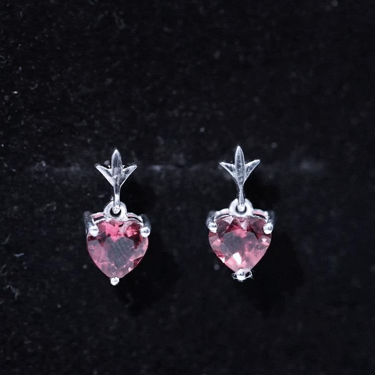 Pink tourmaline drop earrings in heart shape from Rosec Jewels, featuring 1.8 carats of sparkling gemstones.