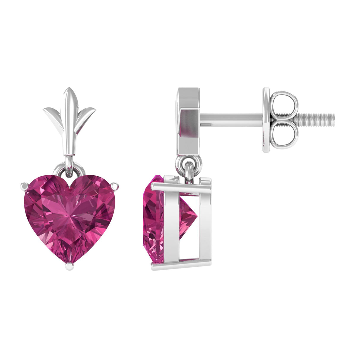 Heart-shaped pink tourmaline drop earrings from Rosec Jewels featuring 1.8 carats of vibrant pink stones and elegant earring design.