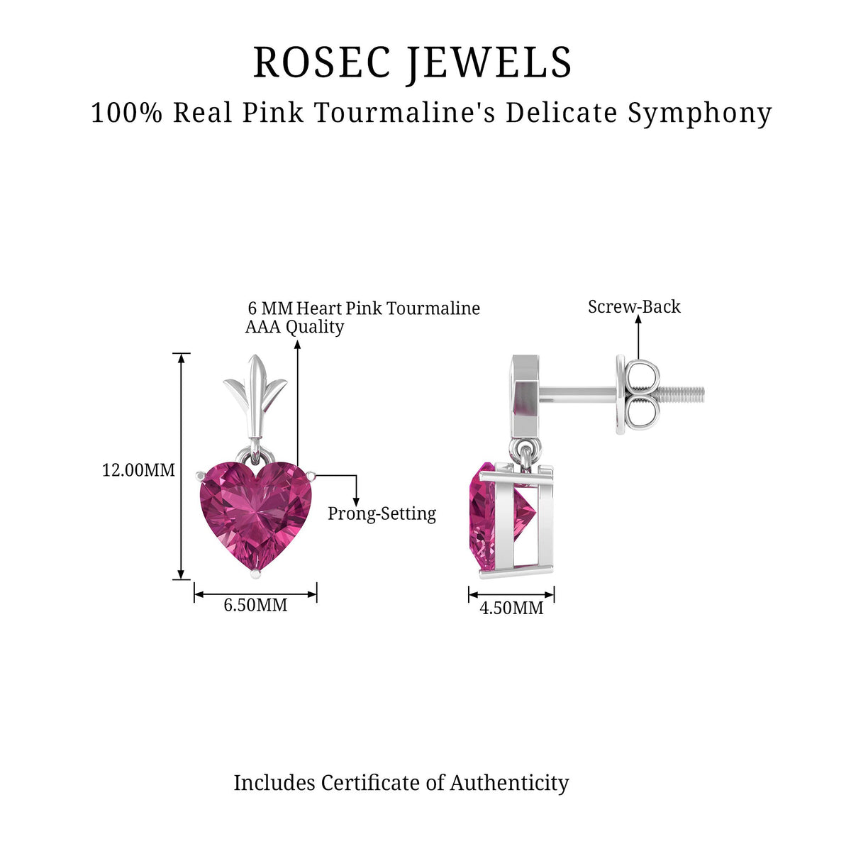 Pink heart-shaped 1.8 carat Tourmaline drop earrings by Rosec Jewels, featuring elegant gemstone design and sterling silver settings.
