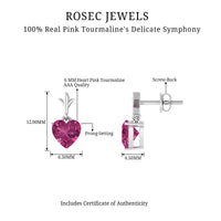 Pink heart-shaped 1.8 carat Tourmaline drop earrings by Rosec Jewels, featuring elegant gemstone design and sterling silver settings.