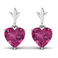 Heart-shaped pink tourmaline drop earrings by Rosec Jewels featuring 1.8 carats of sparkling pink gemstones.
