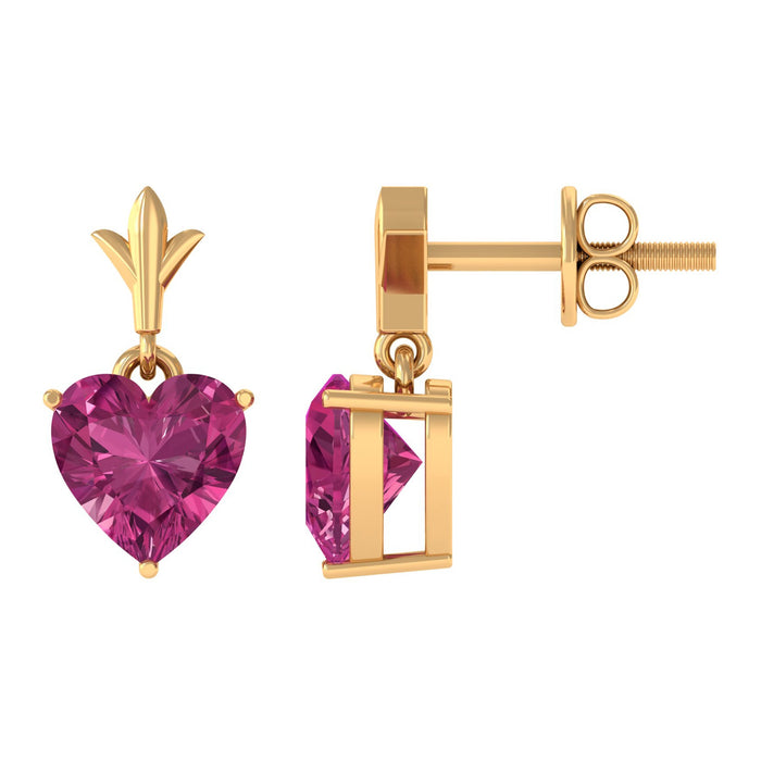 Pink heart-shaped Tourmaline drop earrings by Rosec Jewels featuring 1.8 carats of vibrant pink gemstones.