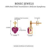 Heart-shaped pink tourmaline drop earrings from Rosec Jewels featuring 1.8 carats of vibrant pink gemstones.