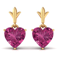 Heart-shaped pink tourmaline drop earrings by Rosec Jewels featuring 1.8 carats of vibrant pink gemstones.