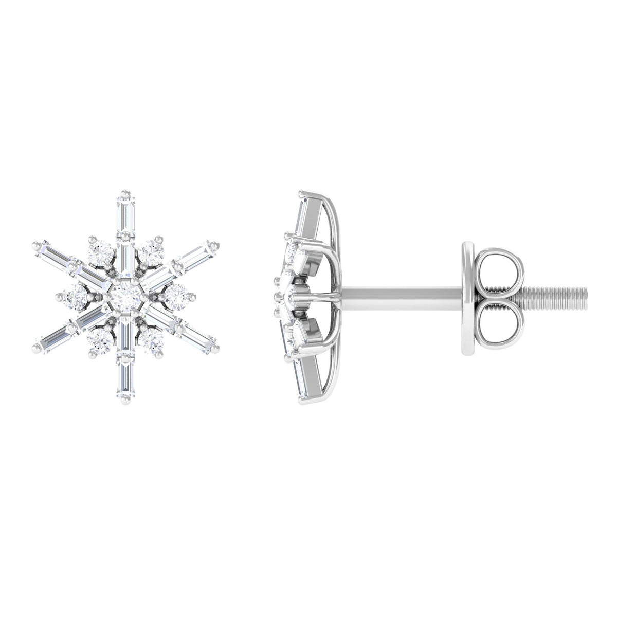 Rosec Jewels minimal diamond snowflake stud earrings featuring delicate snowflake design with sparkling diamonds.
