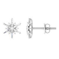 Rosec Jewels minimal diamond snowflake stud earrings featuring delicate snowflake design with sparkling diamonds.