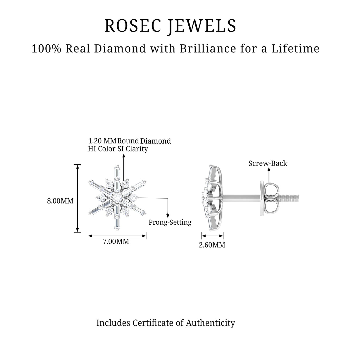Minimal diamond snowflake stud earrings by Rosec Jewels, featuring delicate snowflake design with sparkling diamonds.