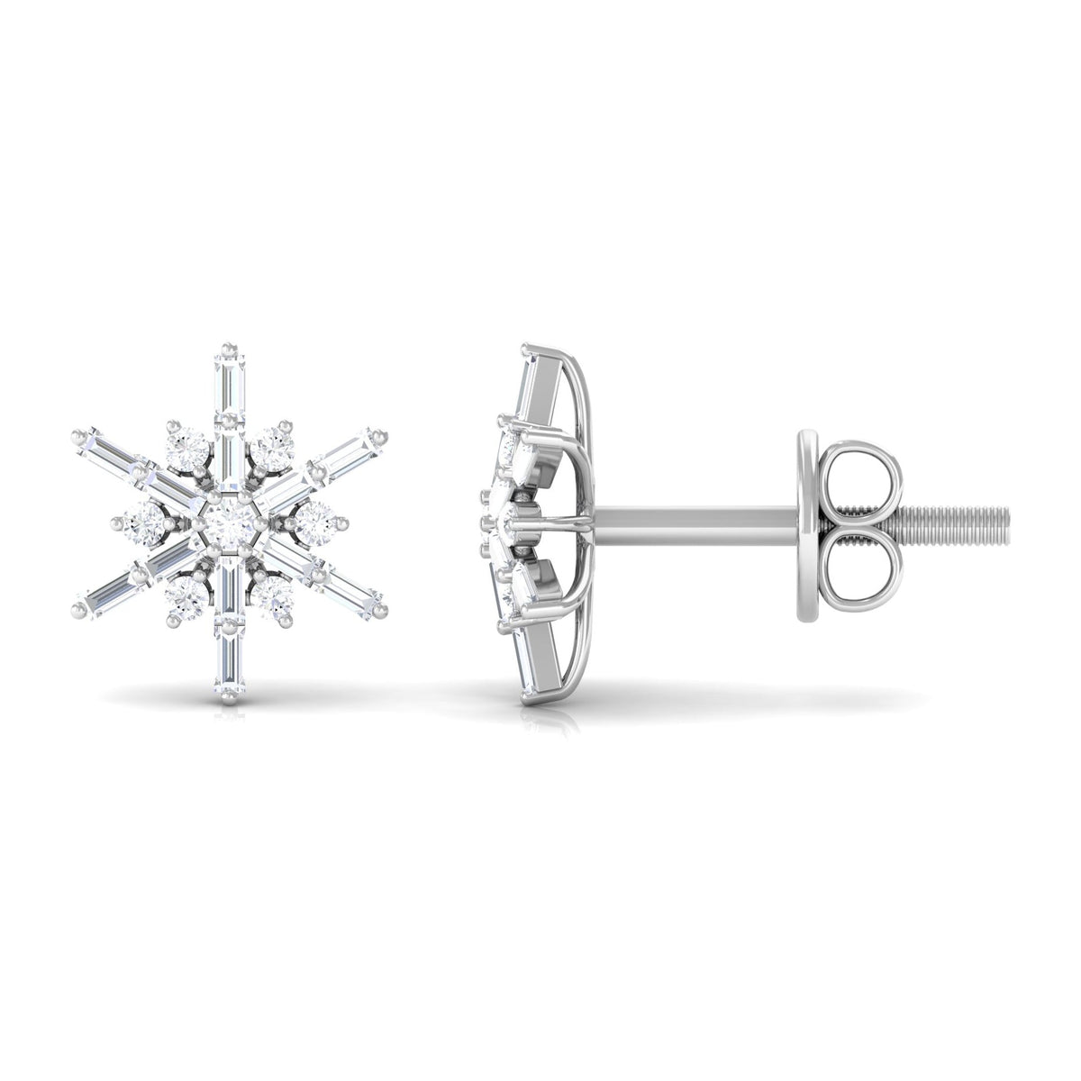 Rosec Jewels minimal diamond snowflake stud earrings with sparkling diamonds on silver posts, showcasing delicate winter-inspired jewelry.