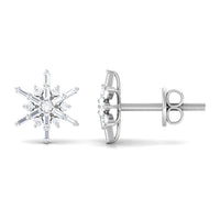Rosec Jewels minimal diamond snowflake stud earrings with sparkling diamonds on silver posts, showcasing delicate winter-inspired jewelry.