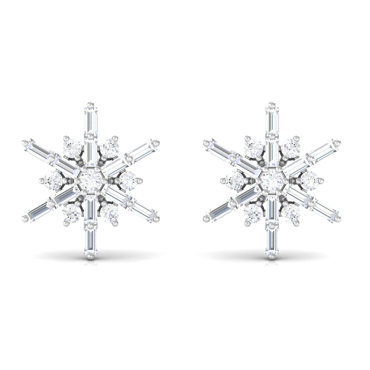 Rosec Jewels minimal diamond snowflake stud earrings, silver-tone jewelry with sparkling diamond accents, close-up view of the earrings