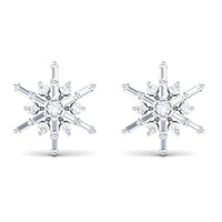 Rosec Jewels minimal diamond snowflake stud earrings, silver-tone jewelry with sparkling diamond accents, close-up view of the earrings