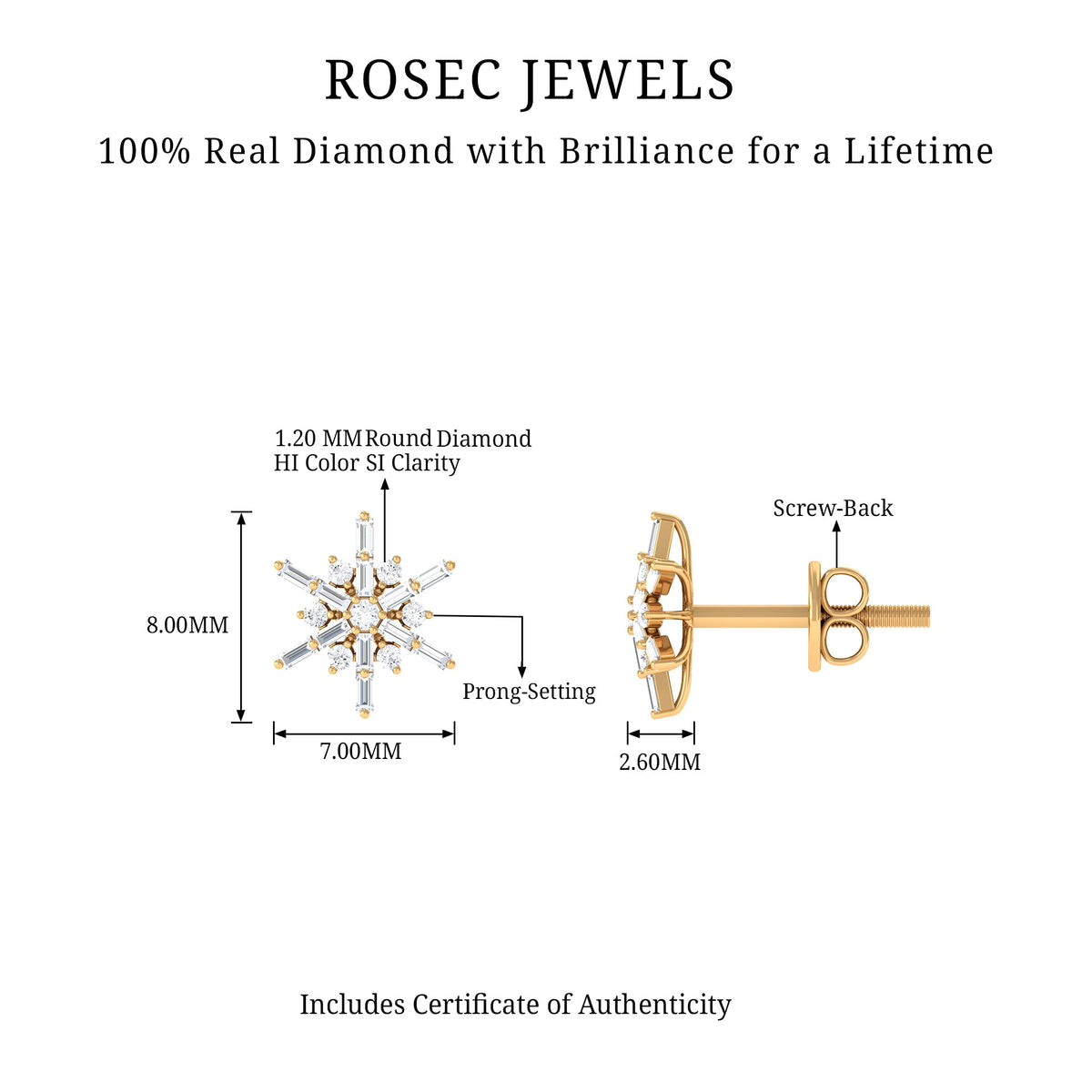 Minimal diamond snowflake stud earrings by Rosec Jewels featuring delicate snowflake design with sparkling diamonds.