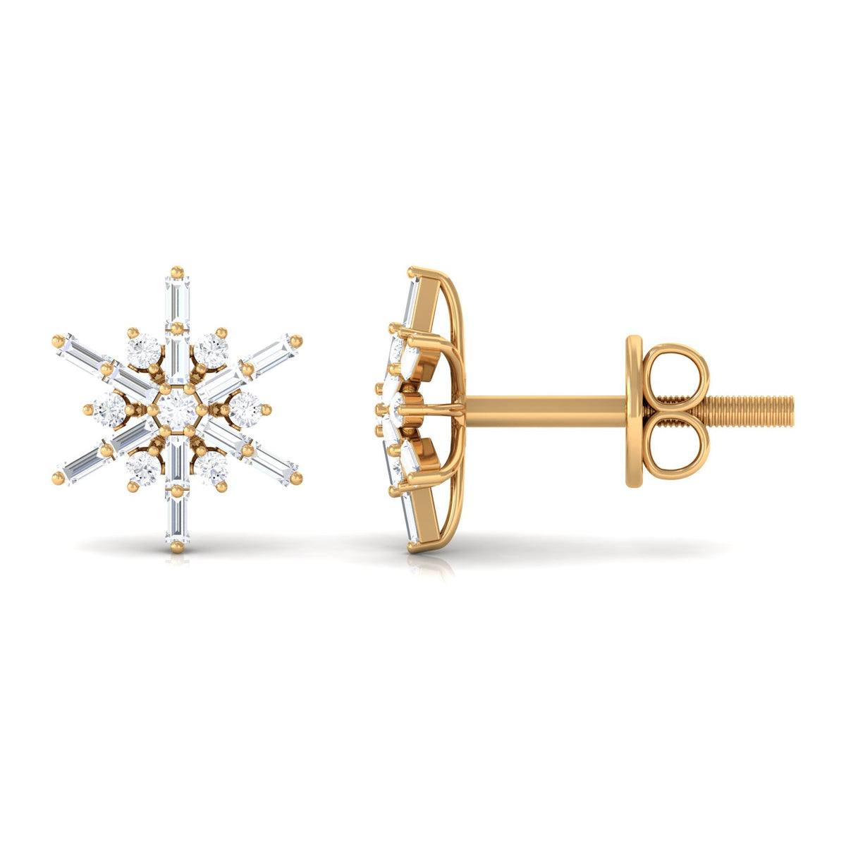 Rosec Jewels minimal diamond snowflake stud earrings with delicate snowflake design and sparkling diamonds on sterling silver studs
