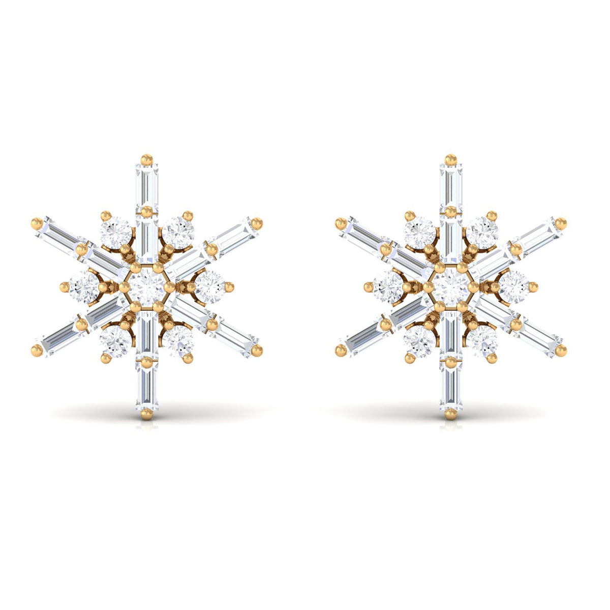 Minimal diamond snowflake stud earrings by Rosec Jewels, featuring delicate snowflake design with sparkling diamonds in a small stud style.