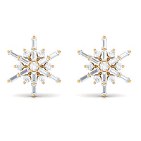 Minimal diamond snowflake stud earrings by Rosec Jewels, featuring delicate snowflake design with sparkling diamonds in a small stud style.