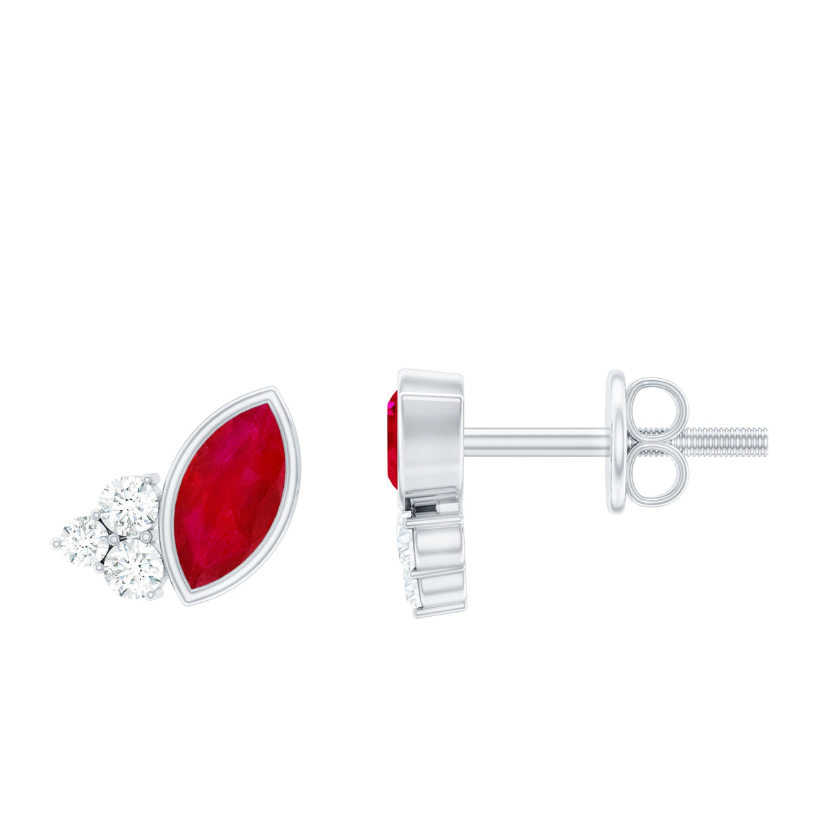 Marquise cut ruby stud earrings with diamond trio accents by Rosec Jewels, featuring elegant gemstone settings.