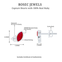 Marquise cut ruby stud earrings with diamond trio accents by Rosec Jewels, showcasing elegant red gemstones and sparkling diamonds.
