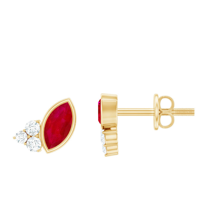 Marquise cut ruby stud earrings with diamond trio accents from Rosec Jewels, showcasing elegant gemstone jewelry.