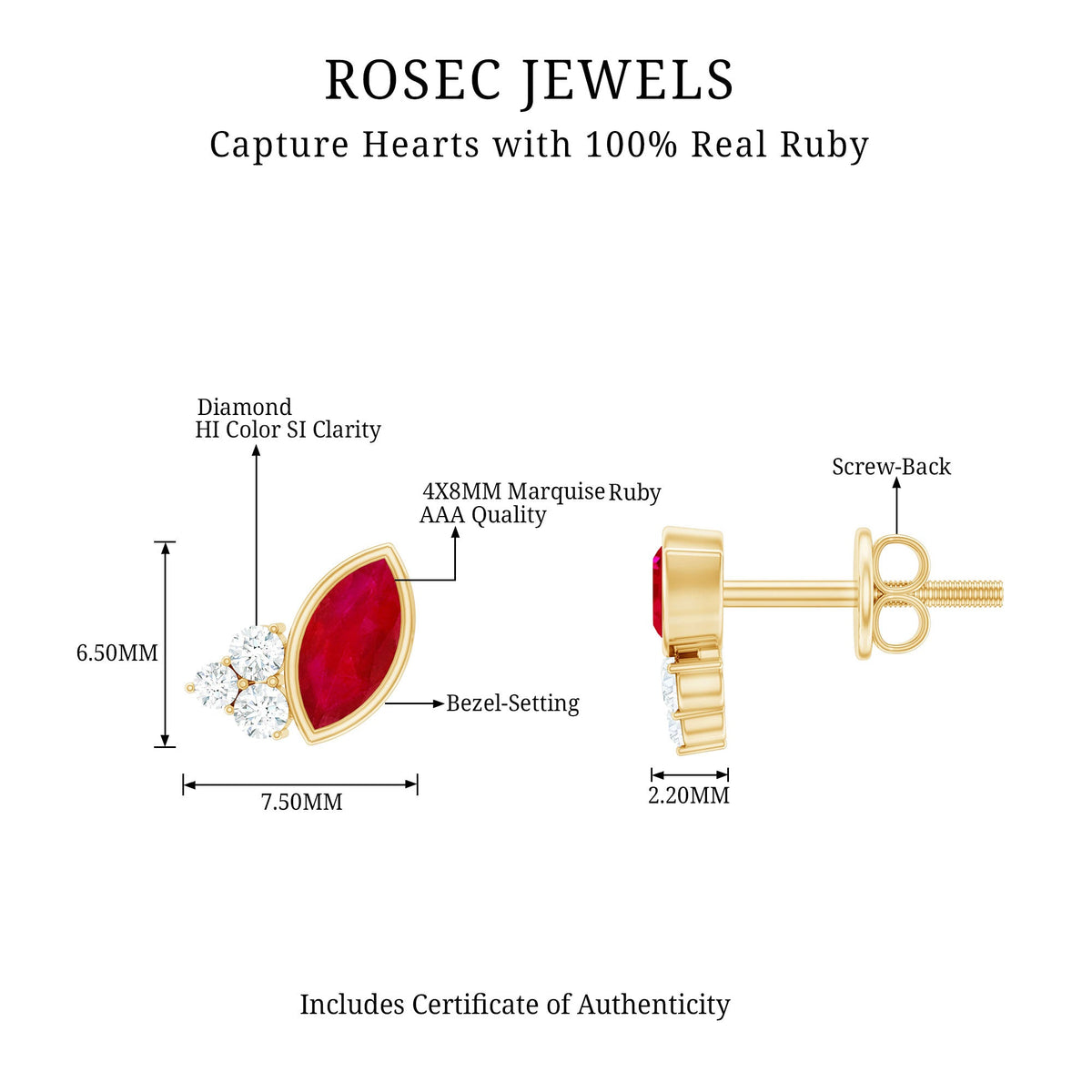 Marquise cut ruby stud earrings with diamond trio accents by Rosec Jewels, showcasing elegant red gemstones and sparkling diamonds.