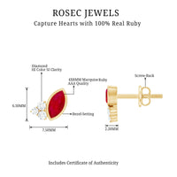 Marquise cut ruby stud earrings with diamond trio accents by Rosec Jewels, showcasing elegant red gemstones and sparkling diamonds.