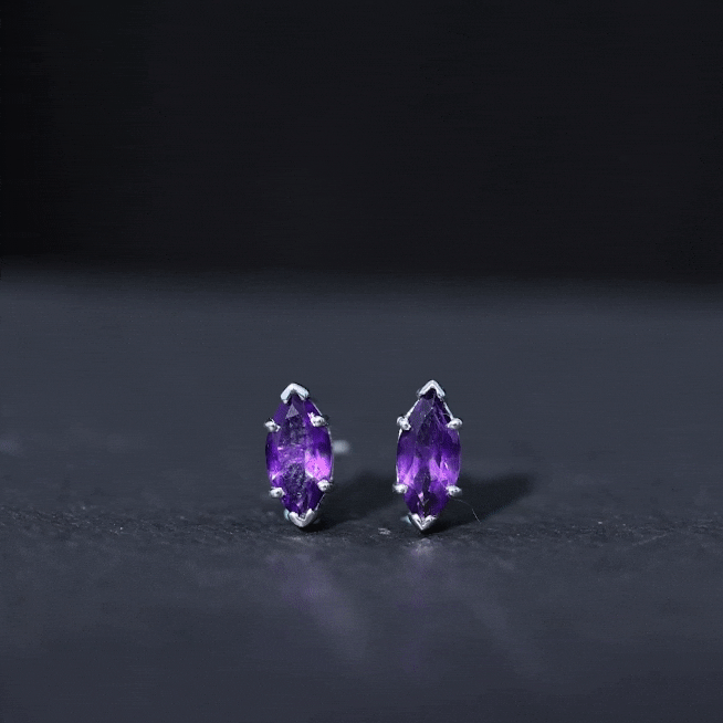 Yellow 1.48 Carat marquise cut amethyst solitaire stud earrings by Rosec Jewels showing the gemstones and earring settings.
