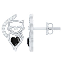 Heart Shape Black Onyx and Diamond Cat Stud Earrings