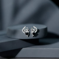 Heart Shape Black Onyx and Diamond Cat Stud Earrings
