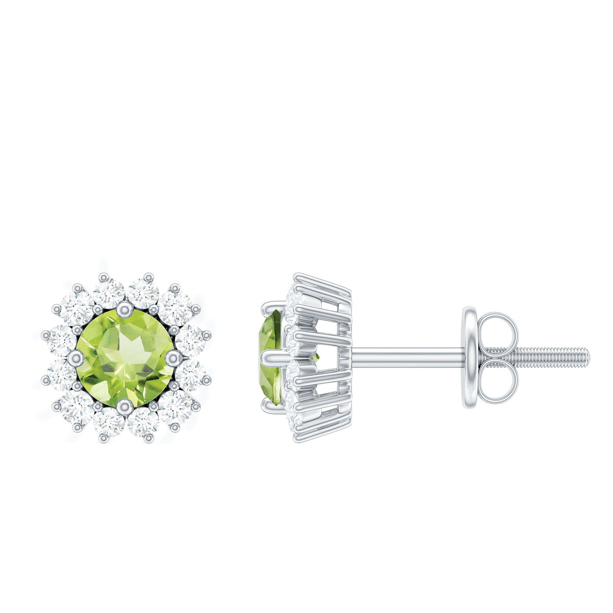 Natural 1 Carat Peridot stud earrings with diamond halo from Rosec Jewels, showcasing vibrant green peridot gemstones and sparkling diamonds.