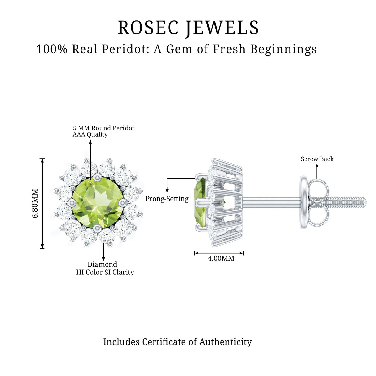 Natural 1 Carat Peridot stud earrings with diamond halo from Rosec Jewels featuring vibrant green gemstones and sparkling accents.