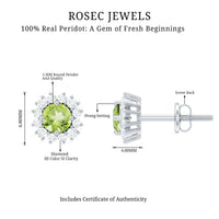 Natural 1 Carat Peridot stud earrings with diamond halo from Rosec Jewels featuring vibrant green gemstones and sparkling accents.