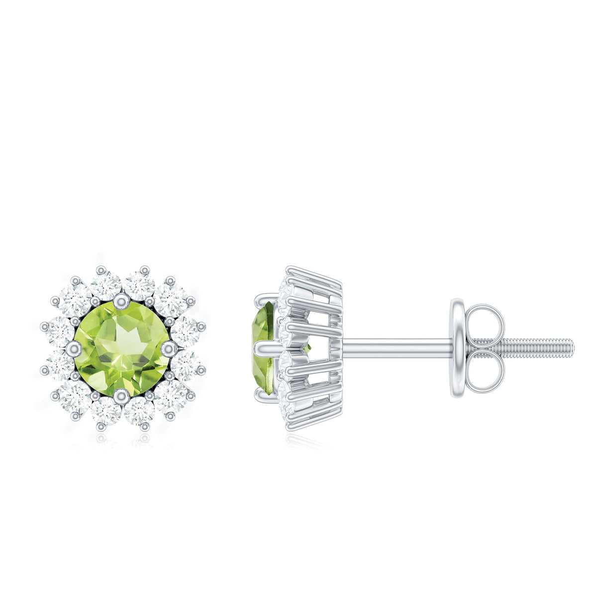 Natural 1 Carat Peridot stud earrings with diamond halo by Rosec Jewels, featuring vibrant green peridot stones and sparkling diamond accents.
