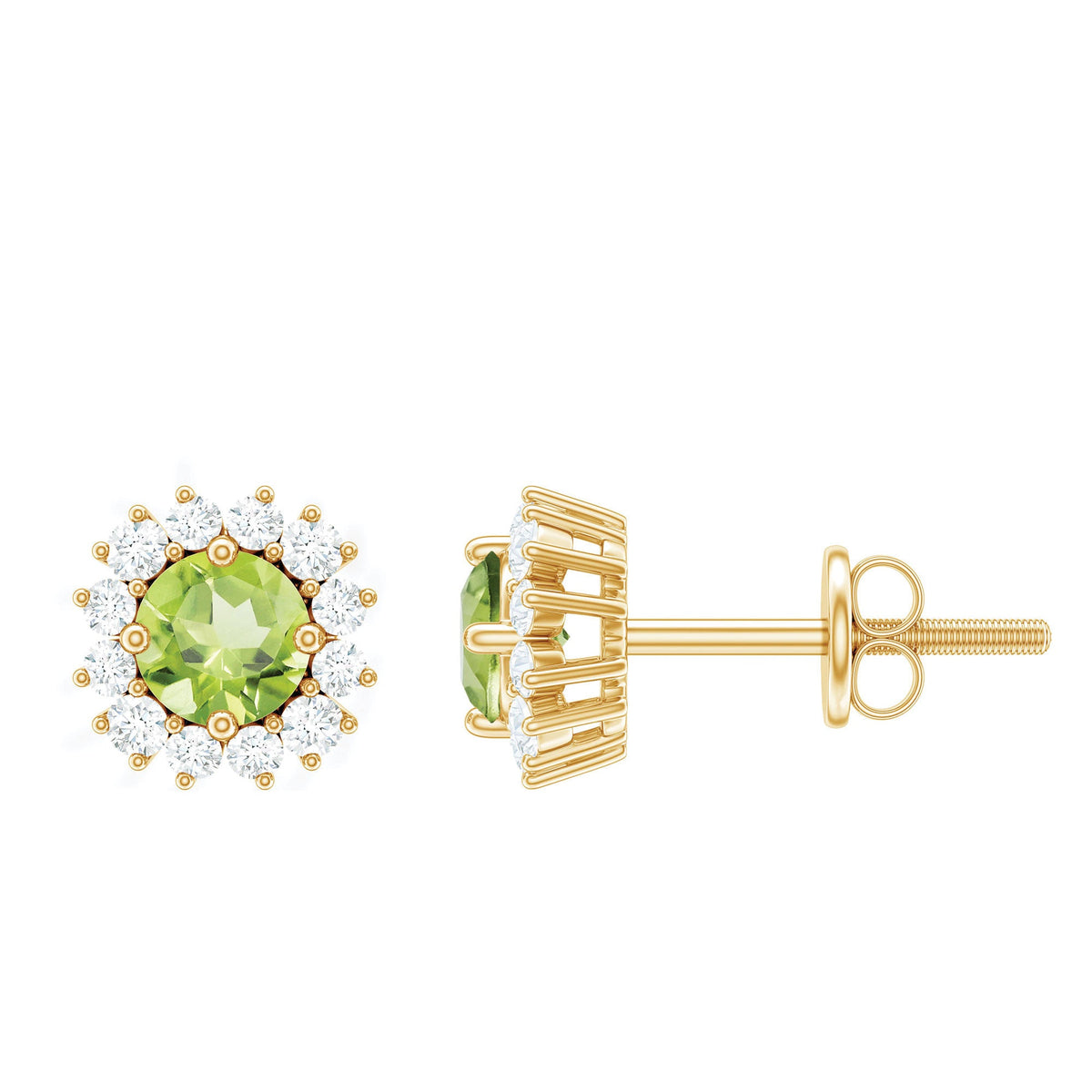 Natural 1 Carat Peridot stud earrings with diamond halo, featuring vibrant green peridot stones and sparkling diamond accents.