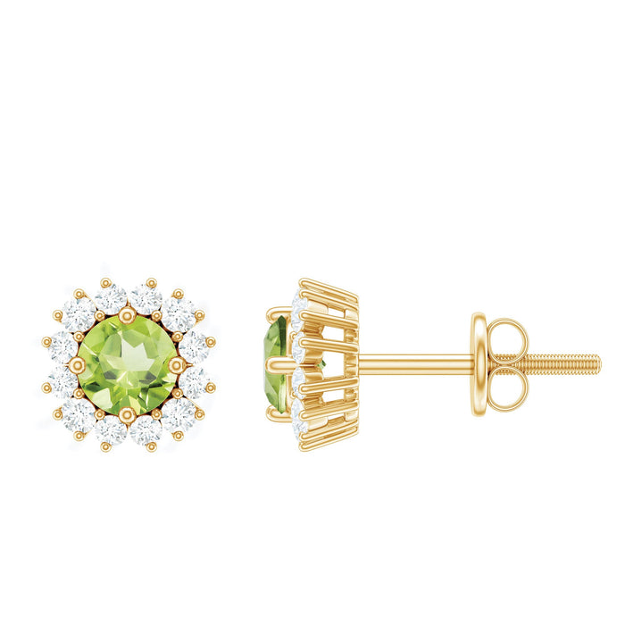 Natural 1 Carat Peridot stud earrings with diamond halo, featuring vibrant green peridot stones and sparkling diamond accents.