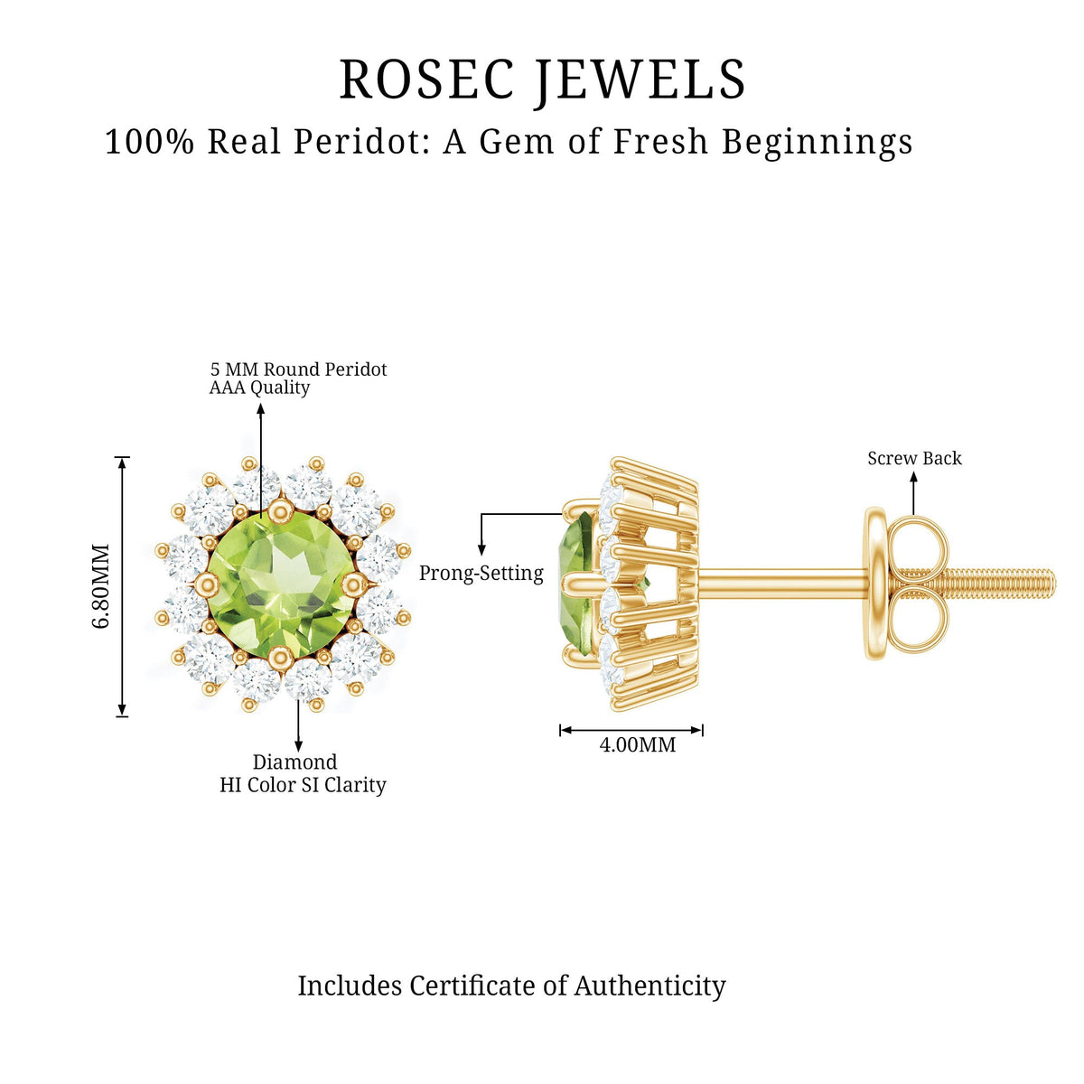 Natural 1 Carat Peridot stud earrings with diamond halo, showcasing vibrant green peridot stones and sparkling diamond accents.