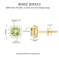 Natural 1 Carat Peridot stud earrings with diamond halo, showcasing vibrant green peridot stones and sparkling diamond accents.