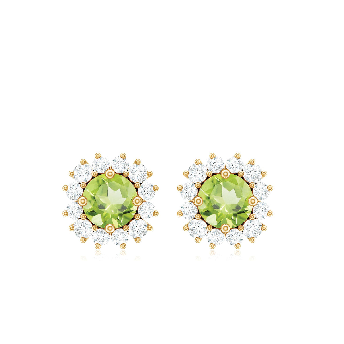 Natural 1 Carat Peridot stud earrings with diamond halo from Rosec Jewels, showcasing vibrant green peridot stones and sparkling diamonds.